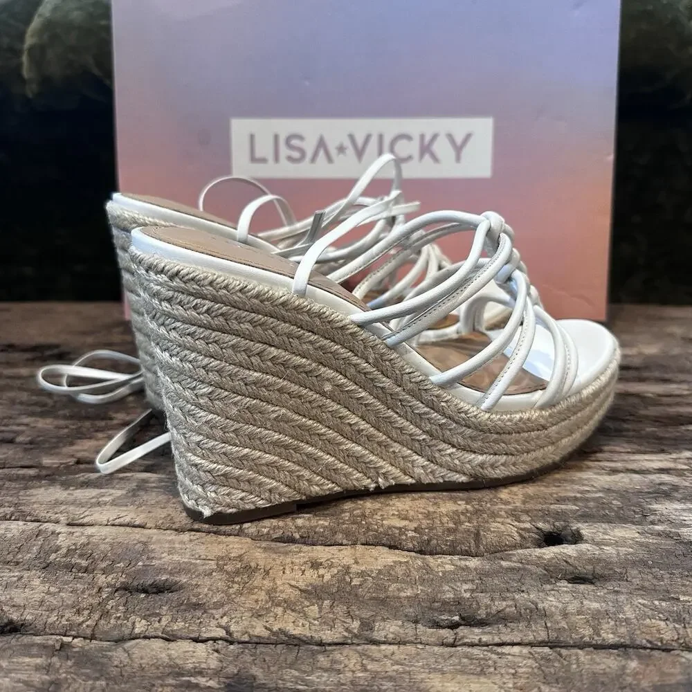 New in Box White Platform Wedge Wrap Ankle Strap Sandal Women's 7.5 Lisa Vicky